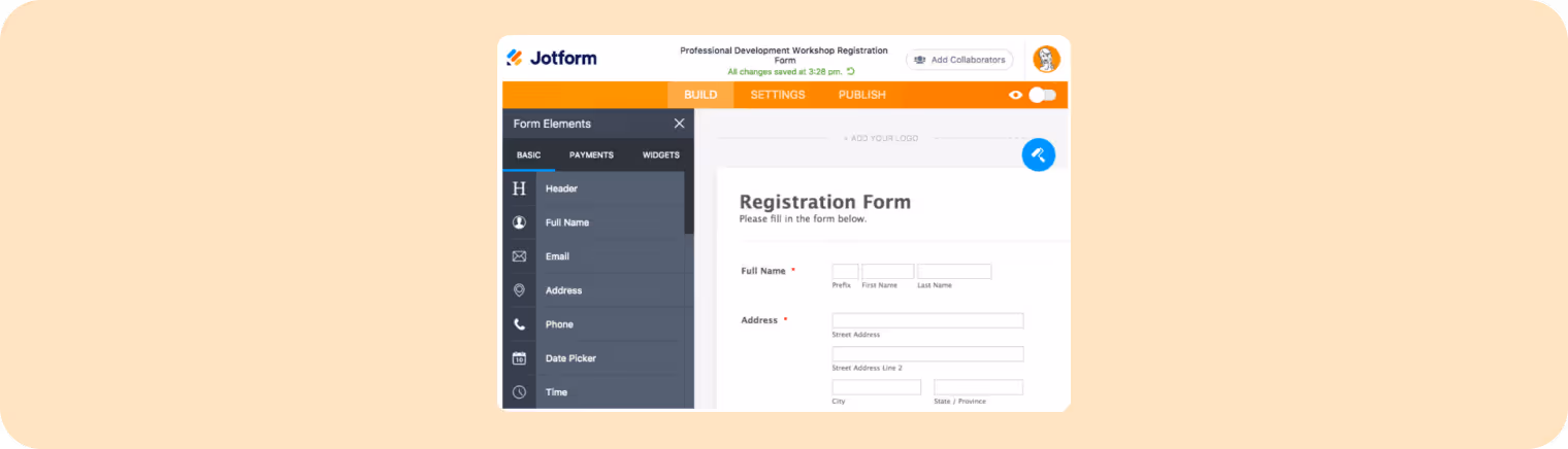 Visual interface of JotForm's event registration platform